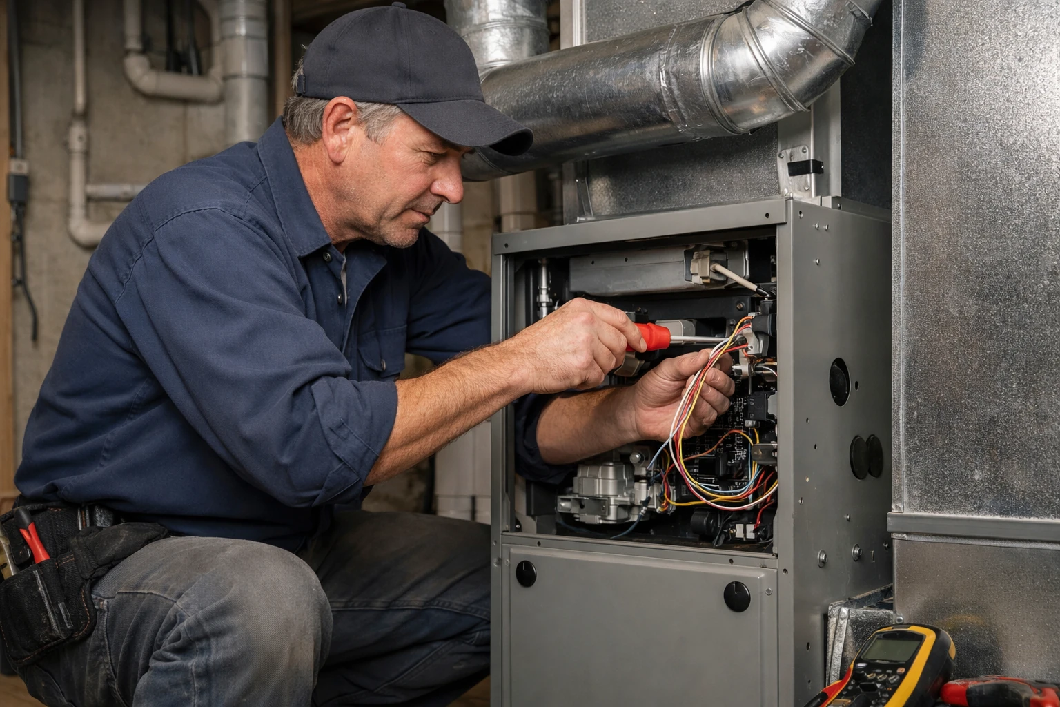 Technician installing a residential furnace system