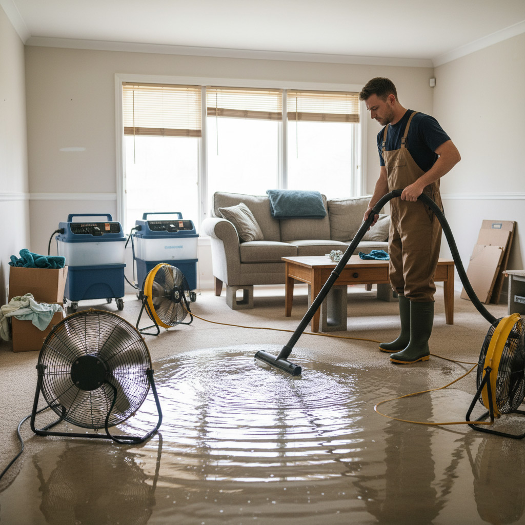 Technician extracting water from an indoor carpeted floor